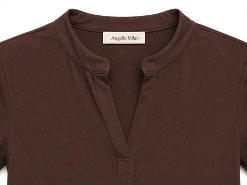 Angelle Milan Travelstof Jurk - Chocoladebruin Effen - Driekwart Mouw