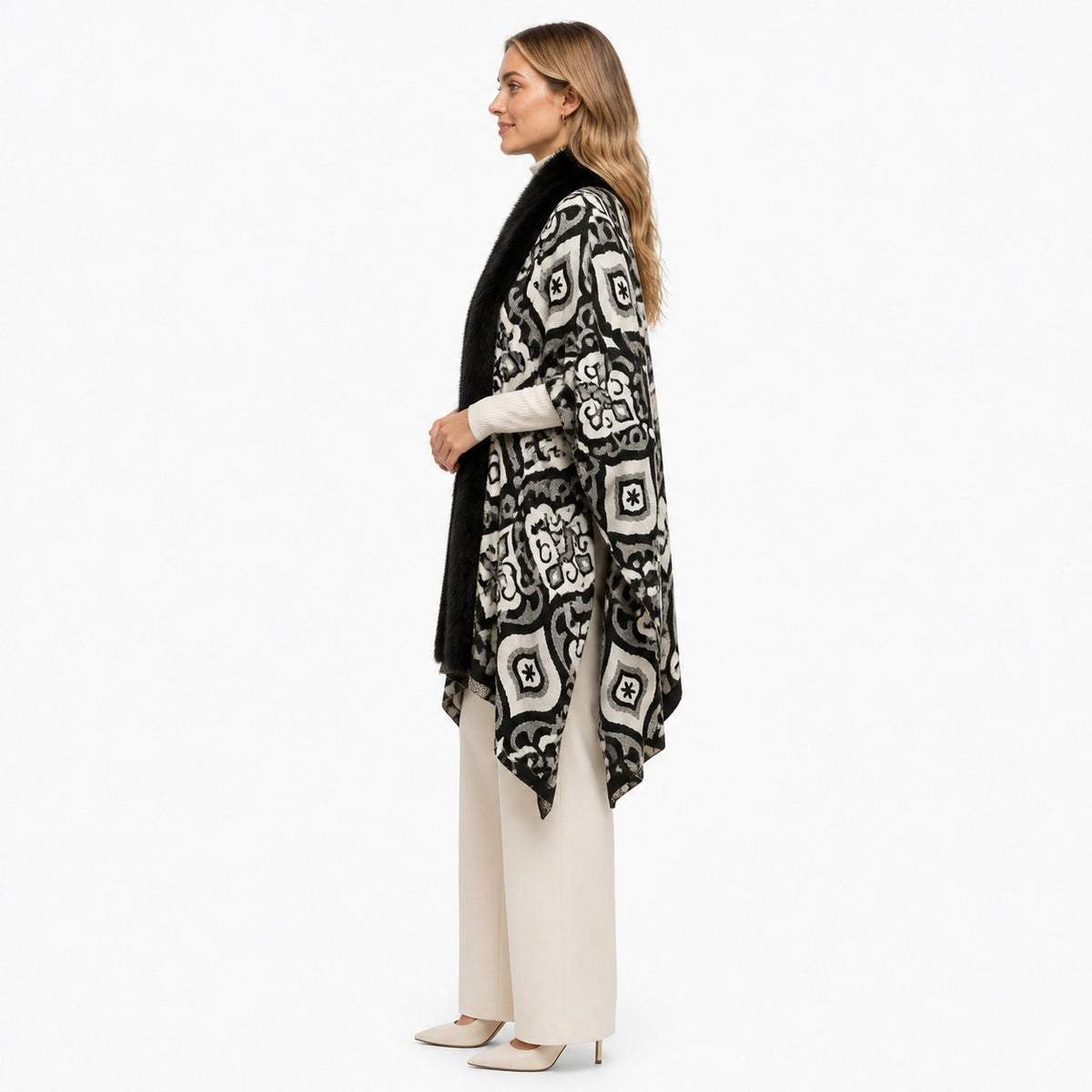 Geometrische Stola met Faux Fur Rand - 60x200 cm