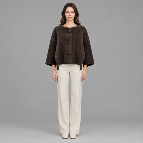 Bouclé Vestjasje met Grote Beklede Knopen in Bruin