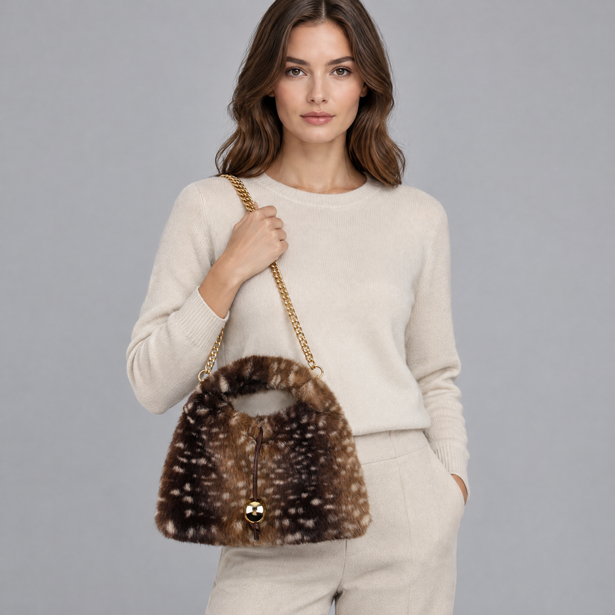 Faux Fur Hertenprint Handtas met Gouden Ketting