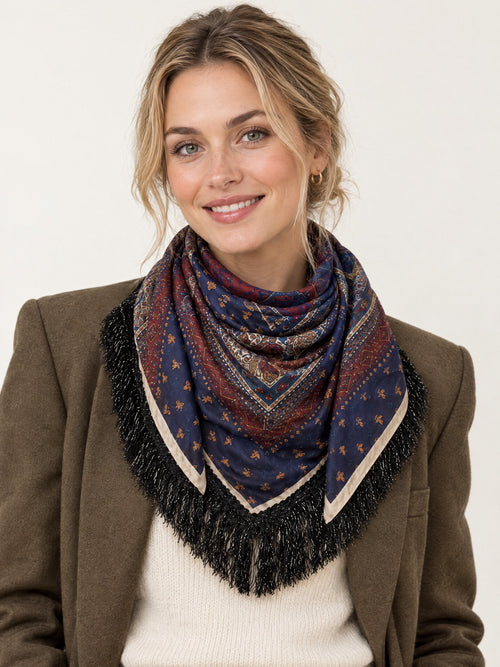 Paisley Medaillon Sjaal met Franjes - Navy/Bordeaux