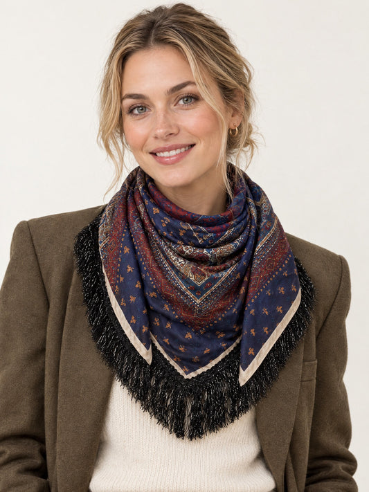 Paisley Medaillon Sjaal met Franjes - Navy/Bordeaux