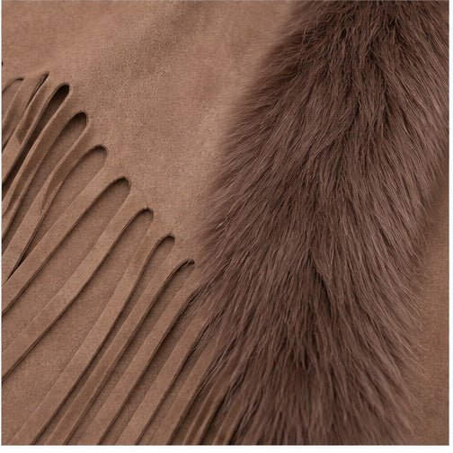 Suedine Driehoek Poncho met Franjes & Faux Fur Kraag
