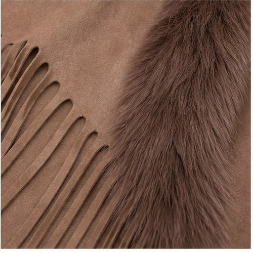 Suedine Driehoek Poncho met Franjes & Faux Fur Kraag