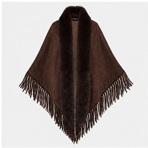 Suedine Driehoek Poncho met Franjes & Faux Fur Kraag