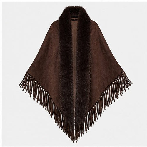 Suedine Driehoek Poncho met Franjes & Faux Fur Kraag
