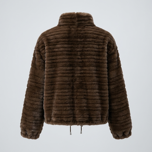 Geribbelde Faux Fur Jas met Staande Kraag