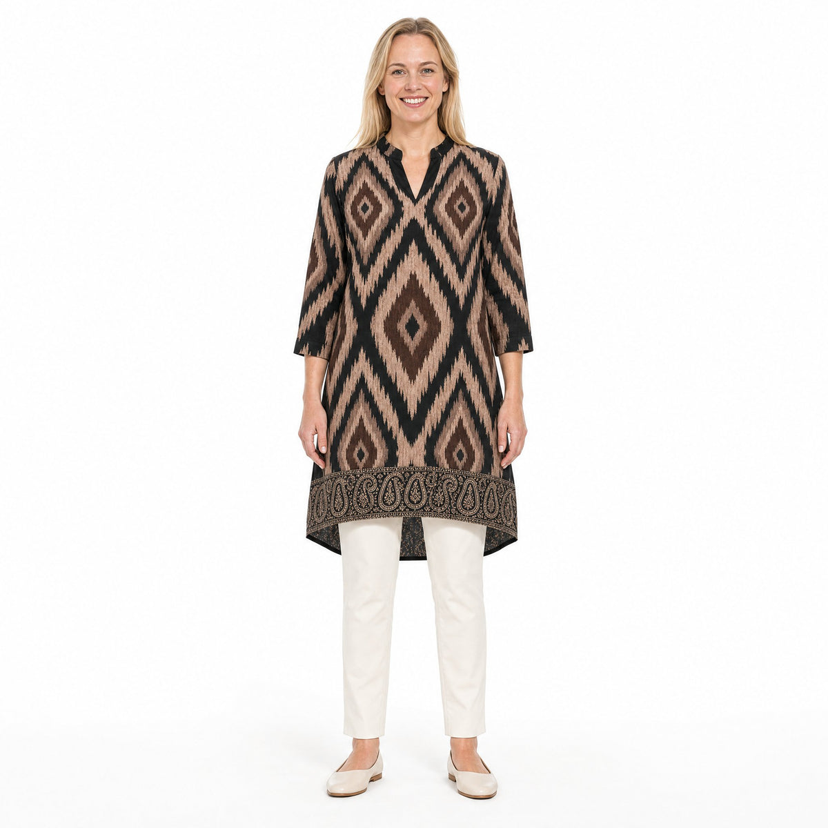 Angelle Milan Travelstof Tuniek - Zwart Taupe Ikatprint