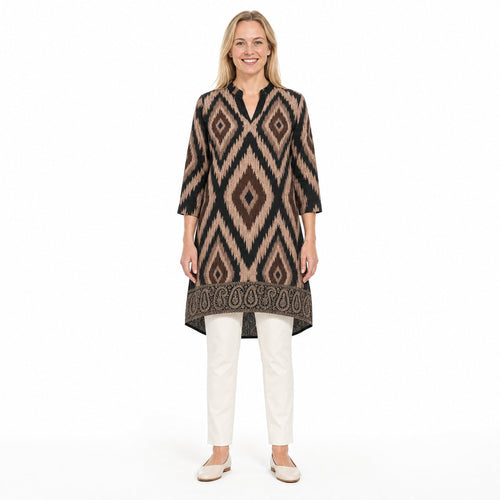 Angelle Milan Travelstof Tuniek - Zwart Taupe Ikatprint