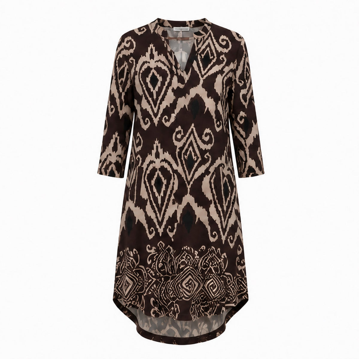 Angelle Milan Travelstof Tuniek - Chocoladebruin Taupe Ikatprint met Zakken