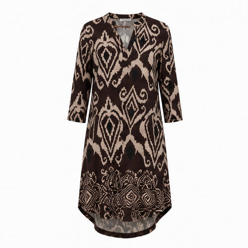 Angelle Milan Travelstof Tuniek - Chocoladebruin Taupe Ikatprint met Zakken
