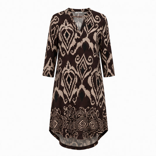Angelle Milan Travelstof Tuniek - Chocoladebruin Taupe Ikatprint met Zakken