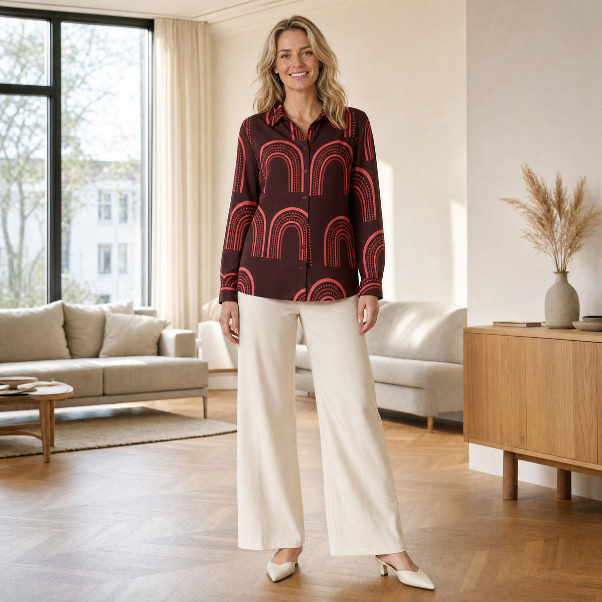 Angelle Milan Travelstof Blouse - Bordeaux Koraal Grafische Print