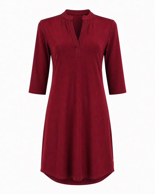 Angelle Milan Travelstof Jurk - Bordeaux Effen - Driekwart Mouw