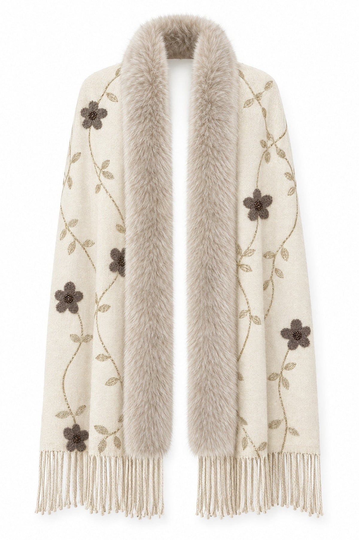 Bloemenstola met Faux Fur Rand en Franjes - 65x180 cm