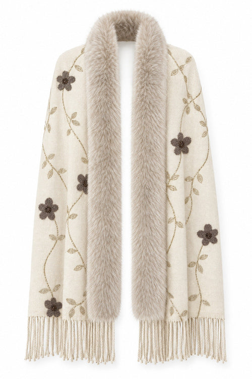 Bloemenstola met Faux Fur Rand en Franjes - 65x180 cm