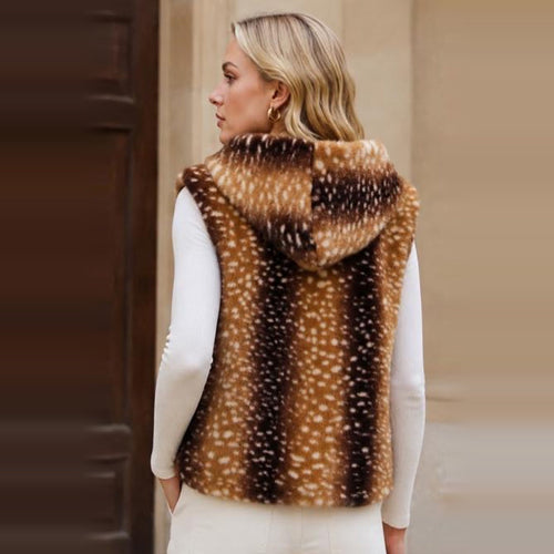 Faux Fur Bodywarmer met Capuchon - Hertenprint