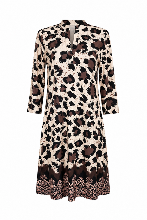 Angelle Milan Travelstof Jurk - Crème Bruine Animalprint