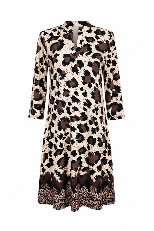 Angelle Milan Travelstof Jurk - Crème Bruine Animalprint