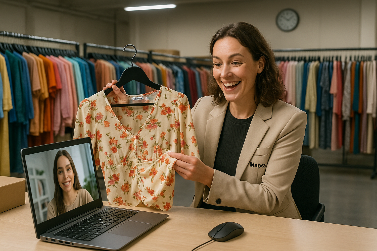 Een professionele foto van een vriendelijke medewerker in een ruim kledingmagazijn die aan een bureau zit en videobelt met een klant via een computerscherm, terwijl ze een kledingstuk toont, met op de achtergrond goed georganiseerde kledingrekken vol kleurrijke items