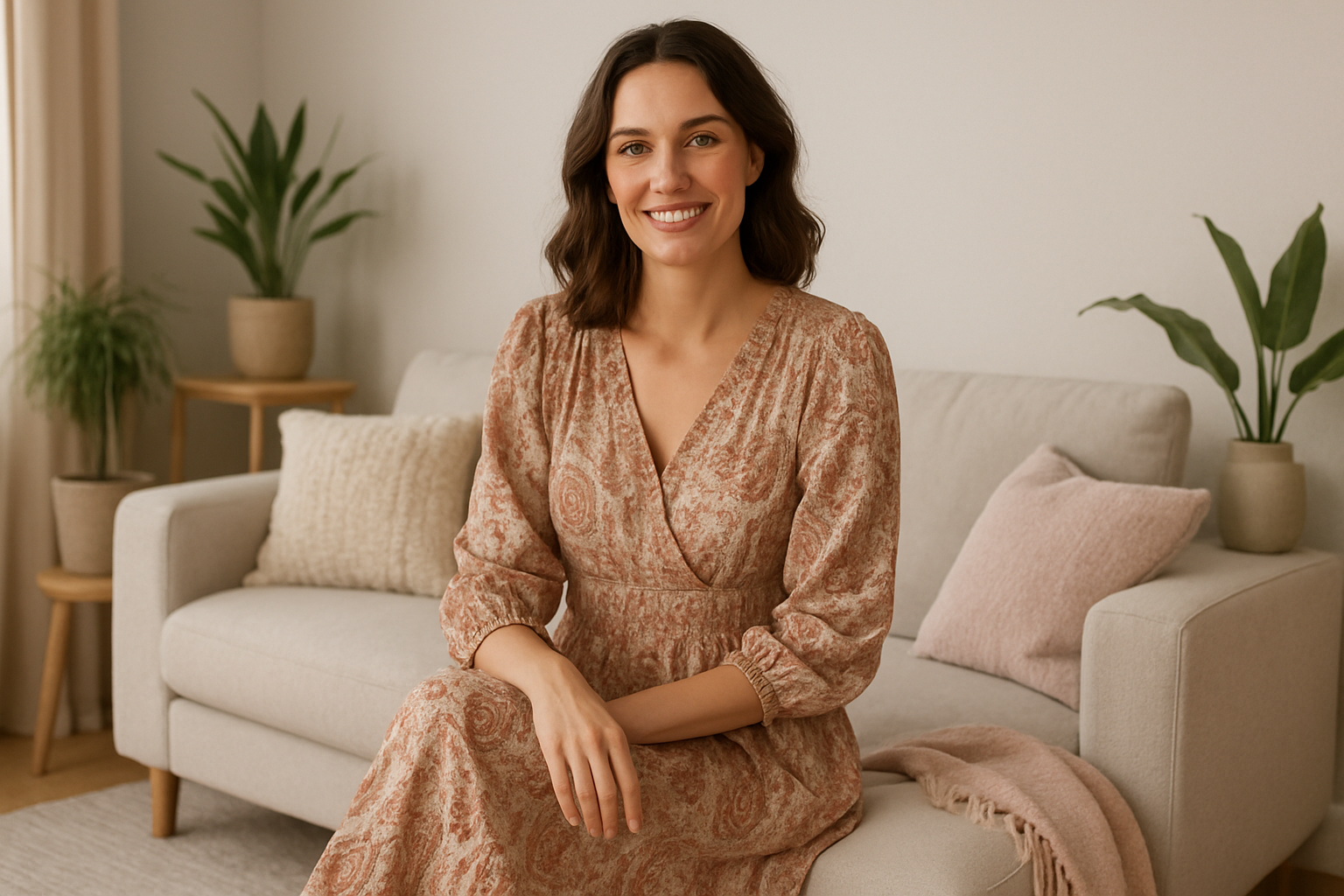Een uitgezoomde portretfoto van een elegante 37-jarige vrouw in een bohemian jurk, zittend in een ruime, neutrale huissetting met meer zichtbare kamerinrichting en ruimte onderaan voor tekst