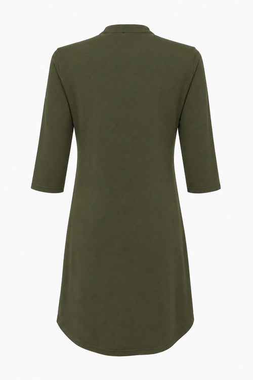 Angelle Milan Travelstof Jurk - Army Groen Effen - Driekwart Mouw