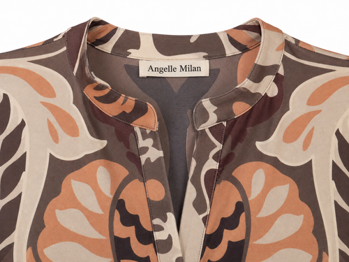 Angelle Milan Travelstof Jurk - Bruin Perzik Ornamentprint