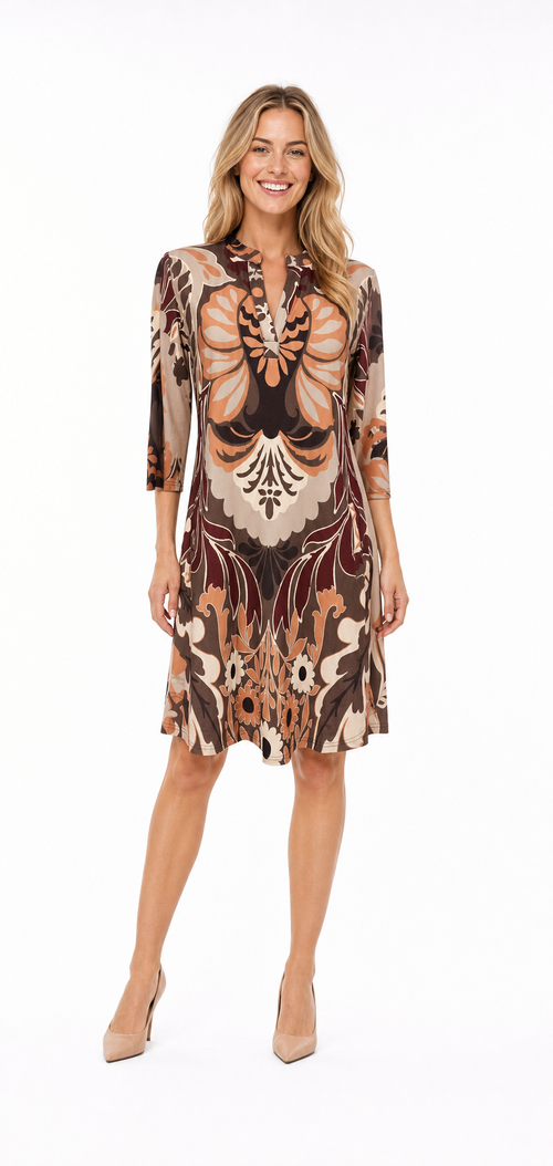 Angelle Milan Travelstof Jurk - Bruin Perzik Ornamentprint