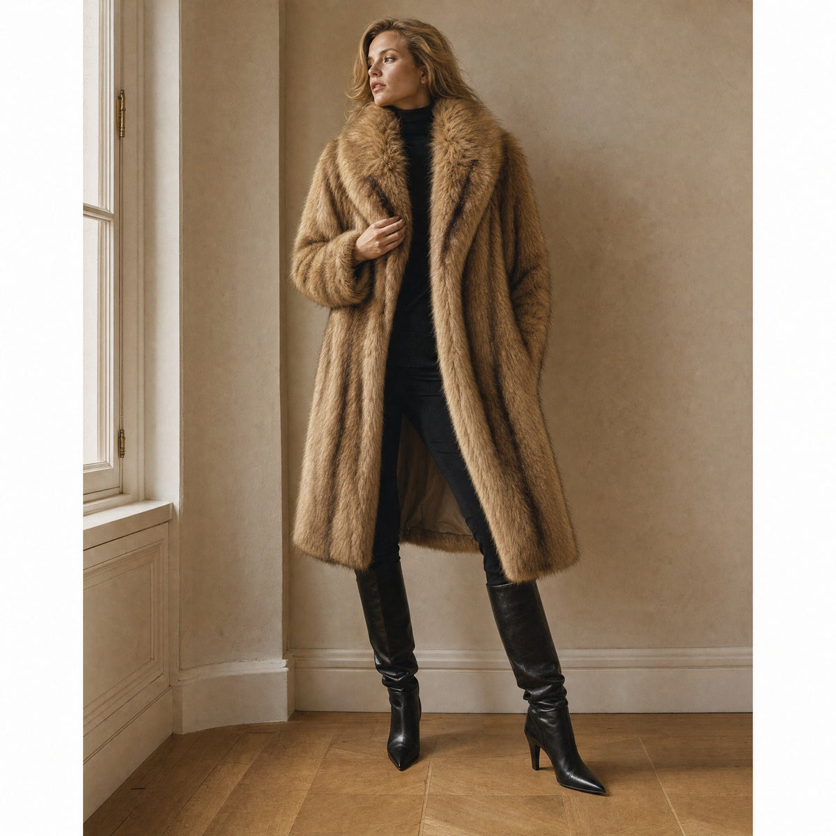 Lange Faux Fur Jas - One Size - Donkerbruin & Camel