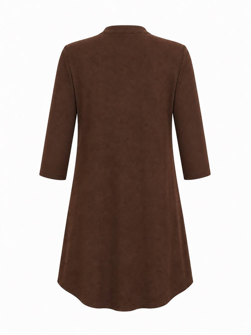 Angelle Milan Travelstof Jurk - Chocoladebruin Effen - Driekwart Mouw