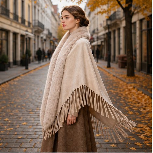 Suedine Driehoek Poncho met Franjes & Faux Fur Kraag
