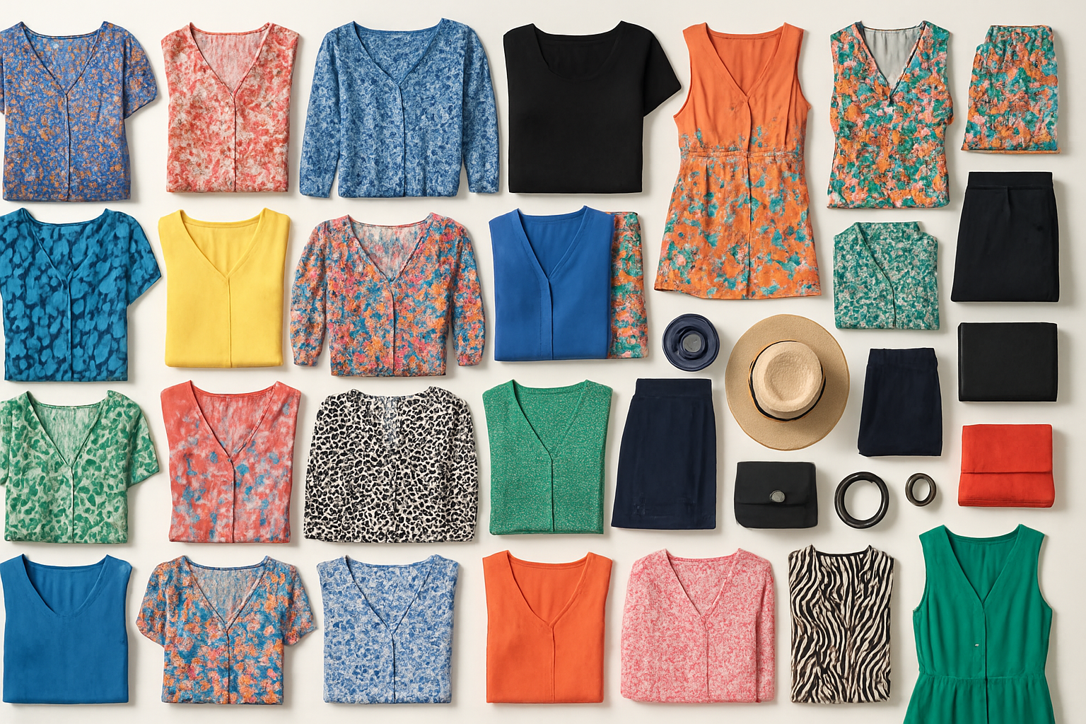 Grote collectie met meer dan 50 kledingstukken met veel geprinte blouses en jurken