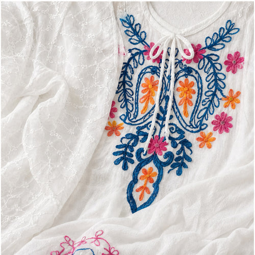 HS Jurk Handmade in India Blauw oranje roze brede borduur - detail van handwerk en borduursel