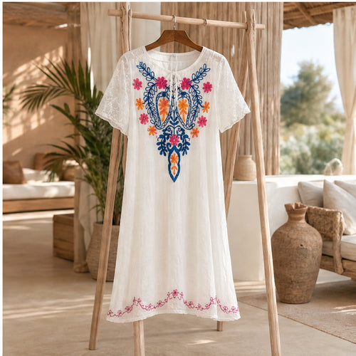 HS Jurk Handmade in India Blauw oranje roze brede borduur - sfeerbeeld