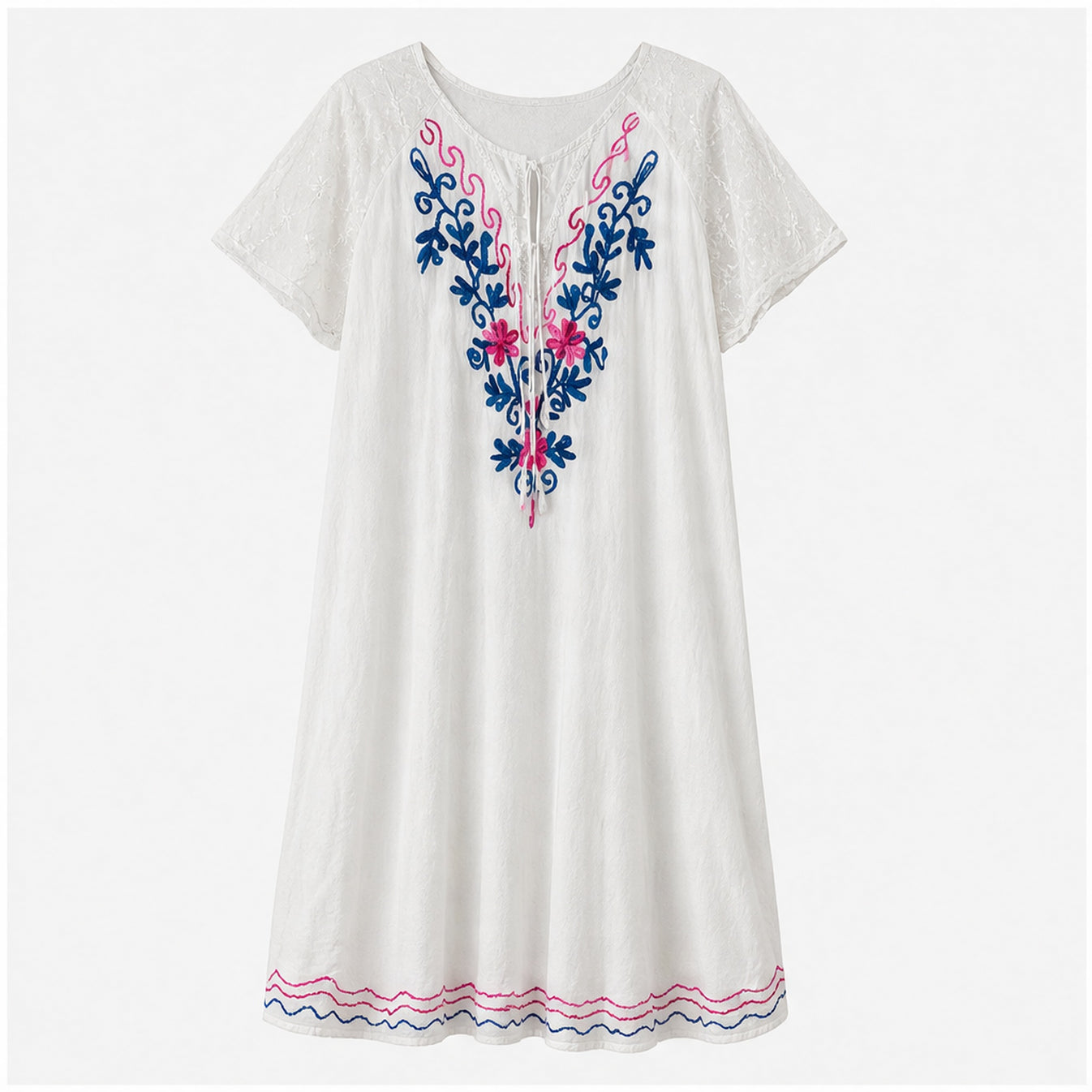 HS Jurk Handmade in India Blauw roze borduur - vooraanzicht