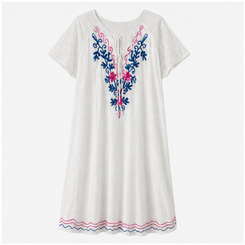 HS Jurk Handmade in India Blauw roze borduur - vooraanzicht