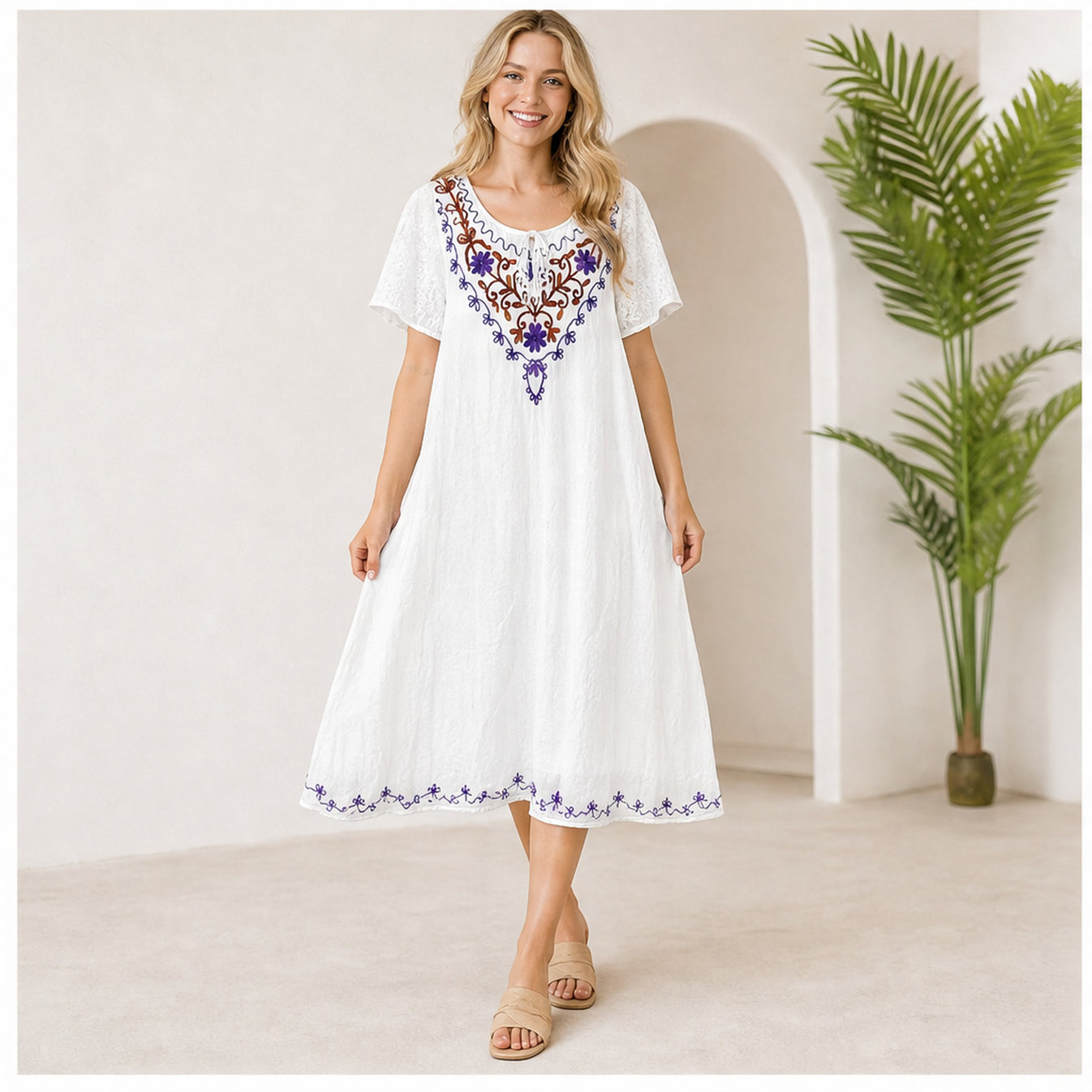 HS Jurk Handmade in India Bruin paars borduur - op model