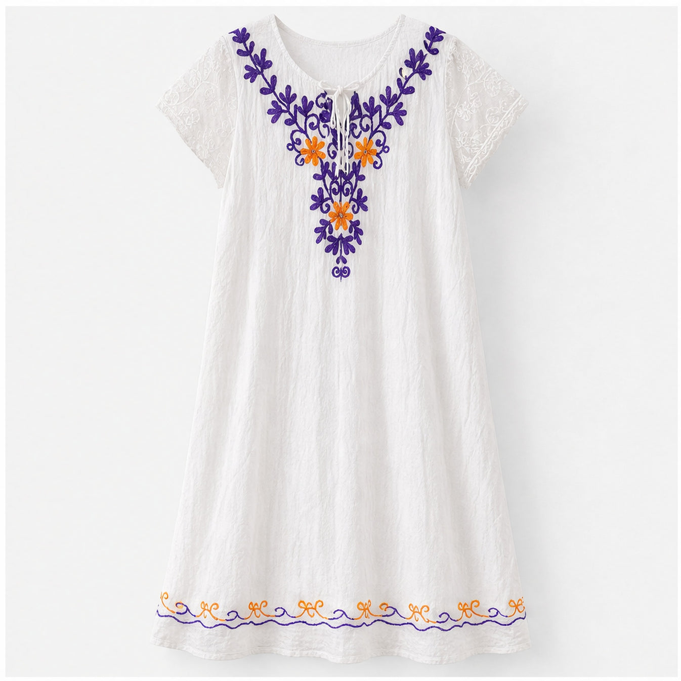 HS Jurk Handmade in India Paars oranje blauw borduur - vooraanzicht