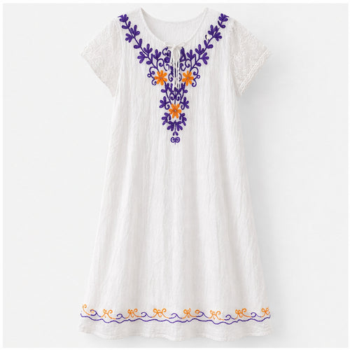HS Jurk Handmade in India Paars oranje blauw borduur - vooraanzicht