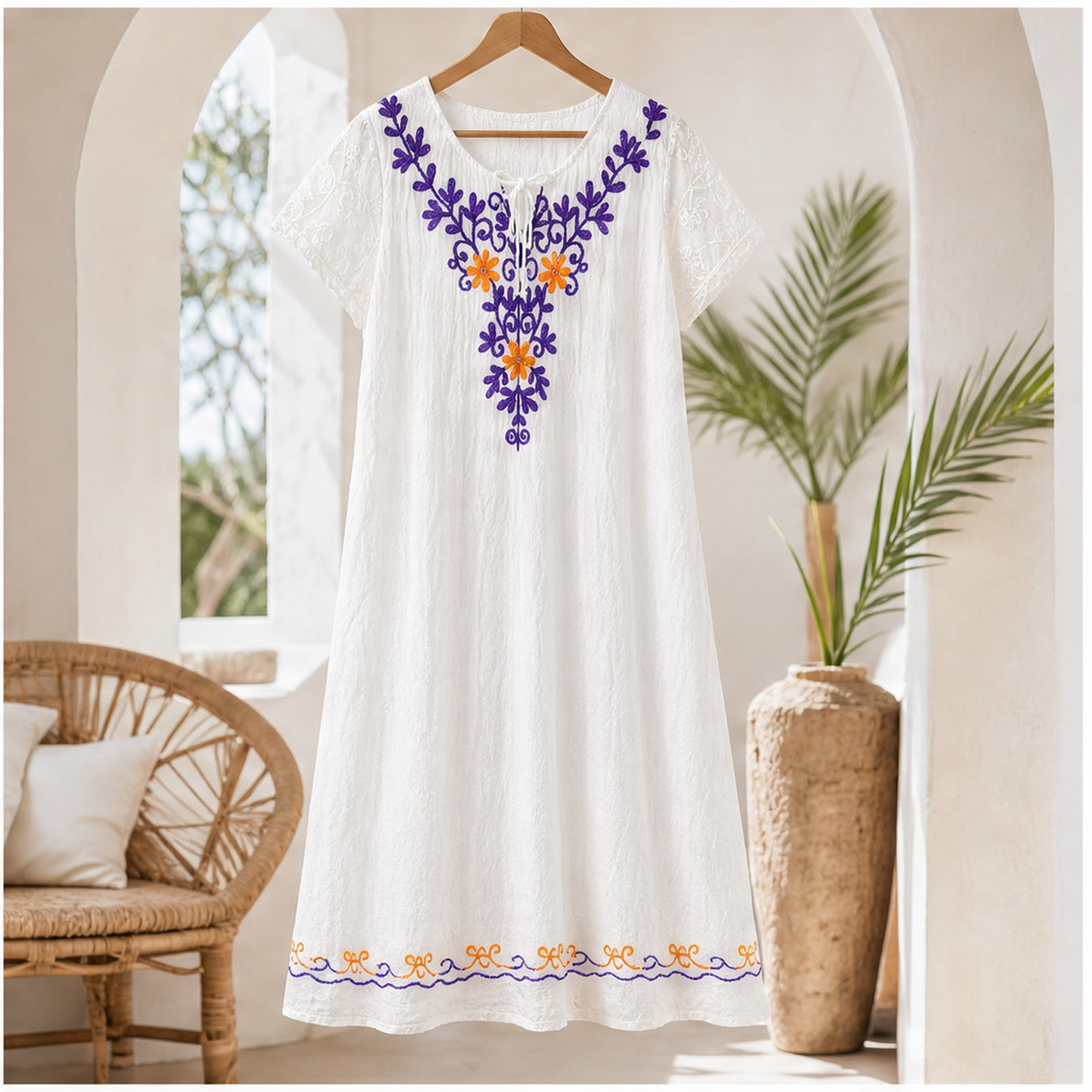 HS Jurk Handmade in India Paars oranje blauw borduur - sfeerbeeld