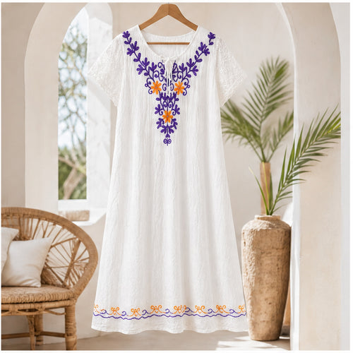 HS Jurk Handmade in India Paars oranje blauw borduur - sfeerbeeld