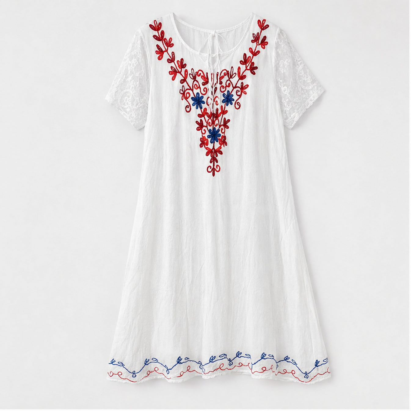 HS Jurk Handmade in India Rood blauw borduur - vooraanzicht
