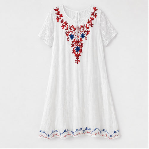 HS Jurk Handmade in India Rood blauw borduur - vooraanzicht