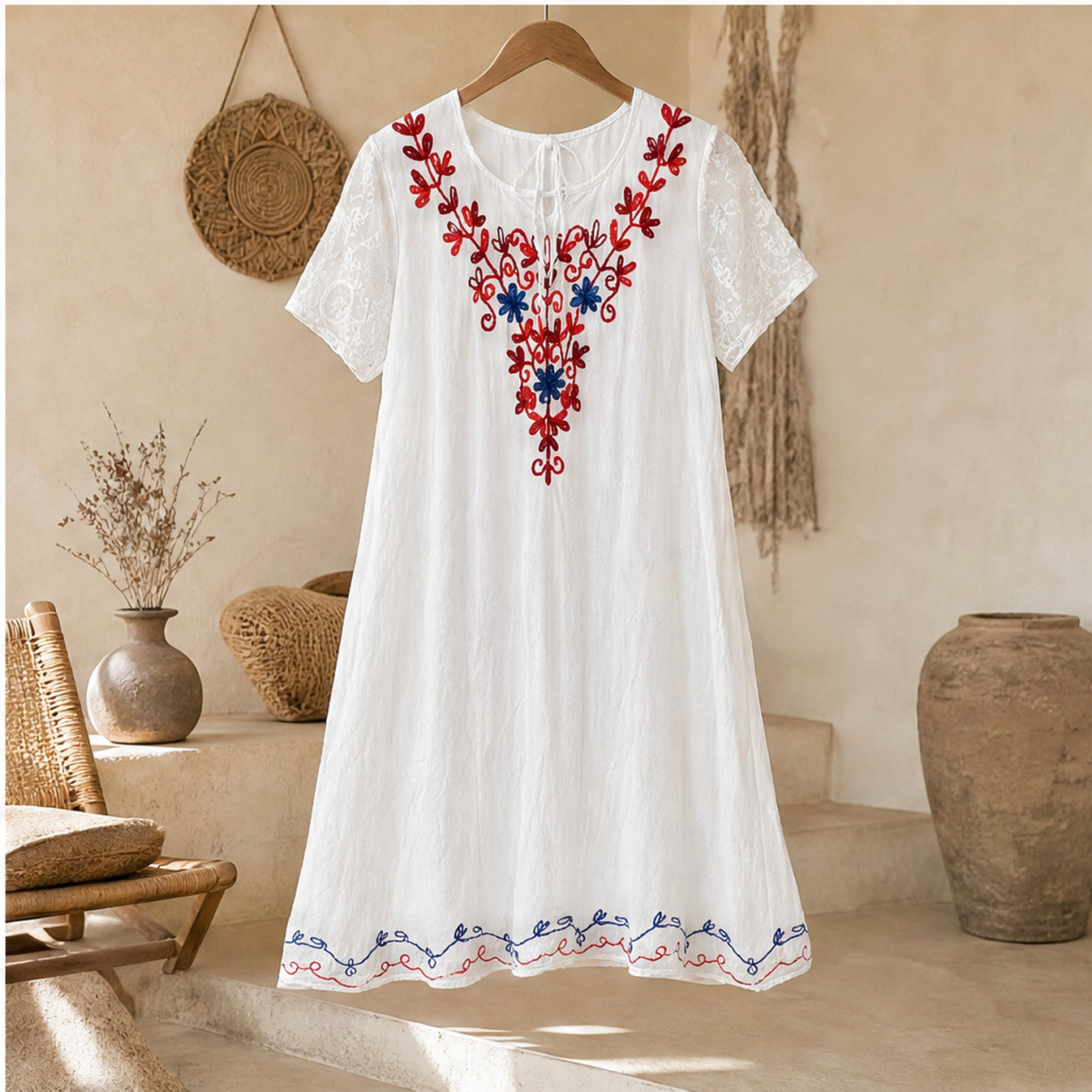 HS Jurk Handmade in India Rood blauw borduur - sfeerbeeld