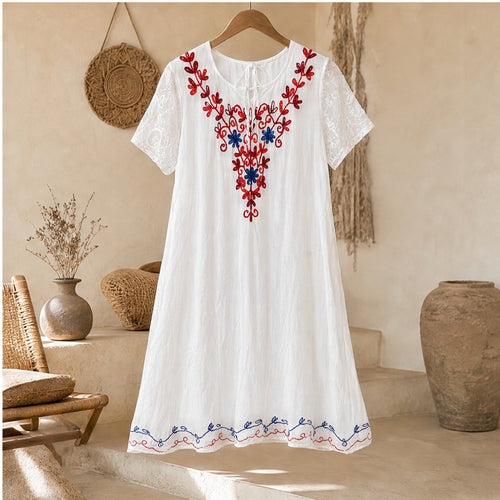 HS Jurk Handmade in India Rood blauw borduur - sfeerbeeld