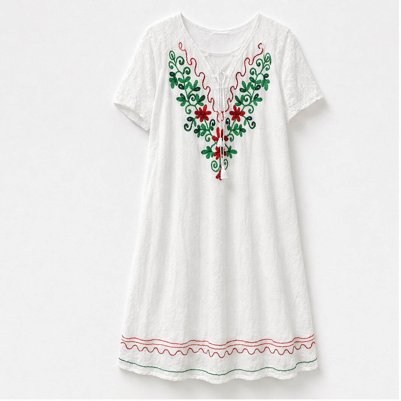 HS Jurk Handmade in India Rood groen borduur - vooraanzicht