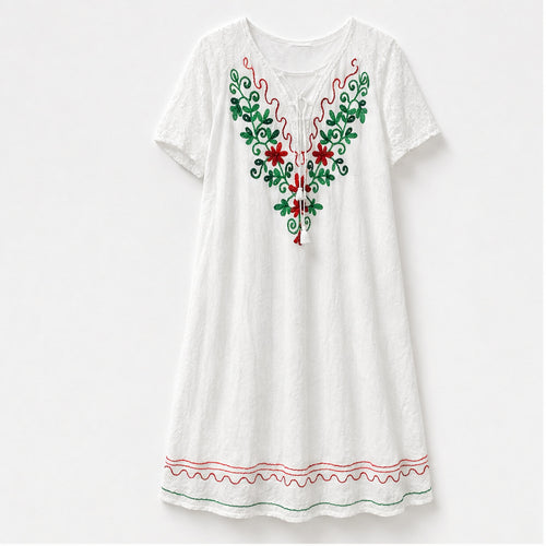 HS Jurk Handmade in India Rood groen borduur - vooraanzicht