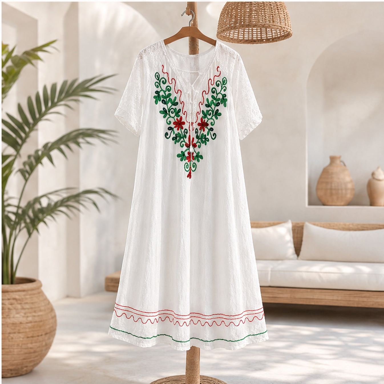 HS Jurk Handmade in India Rood groen borduur - sfeerbeeld