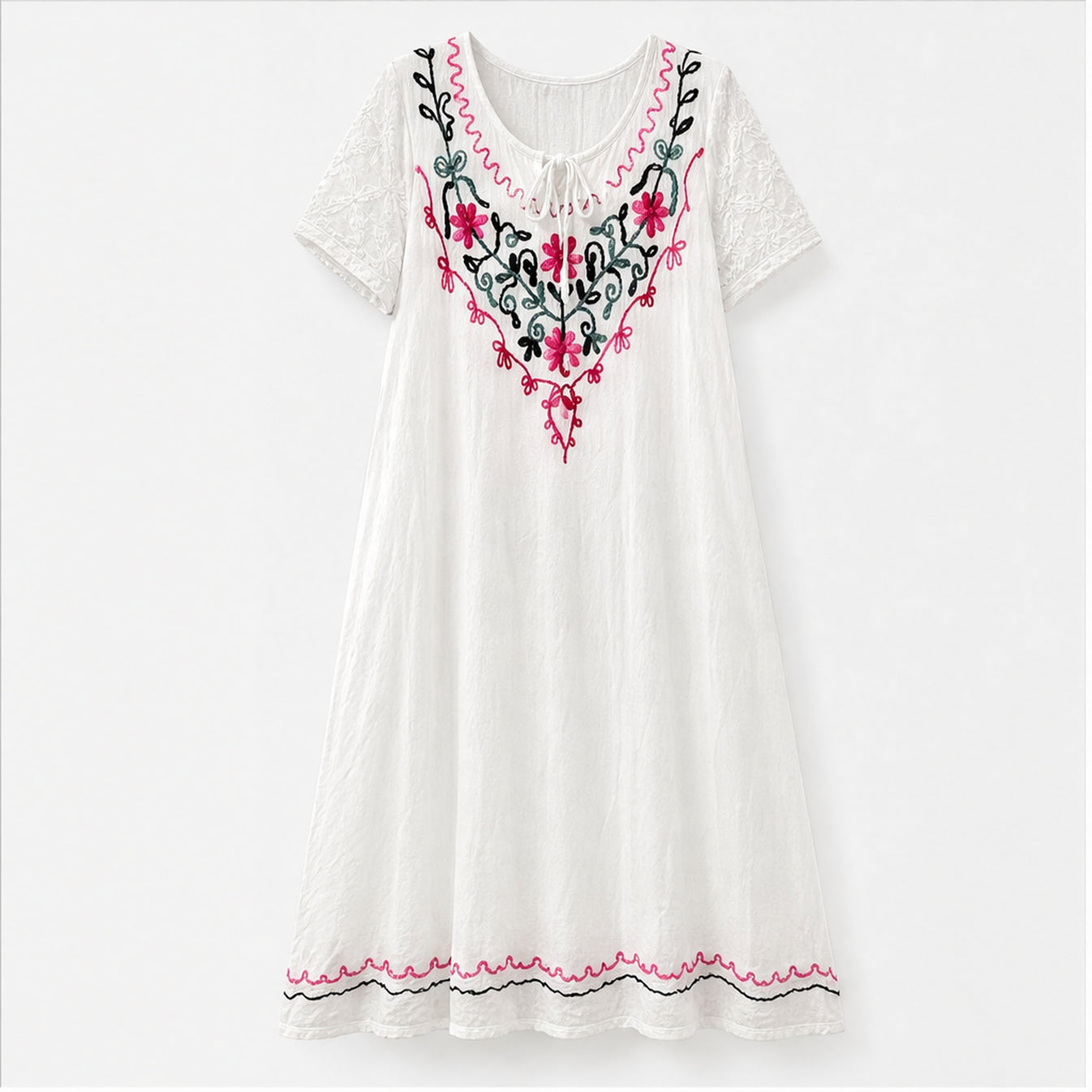 HS Jurk Handmade in India Roze groen borduur - vooraanzicht