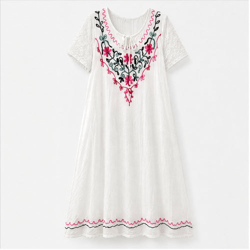HS Jurk Handmade in India Roze groen borduur - vooraanzicht
